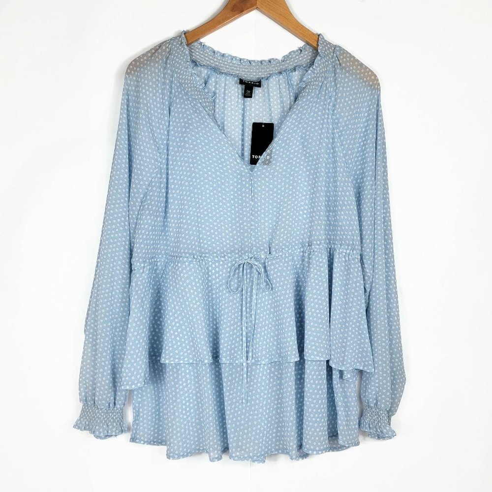 Torrid Blouse Womens Size 00 Light Blue Sheer Polka Dots Smocked Gorgeous